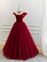 Burgundy tulle lace long prom Dress Outfits For Girls, burgundy tulle evening dress