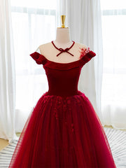 Burgundy tulle lace long prom Dress Outfits For Girls, burgundy tulle evening dress