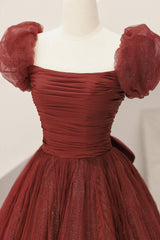 Burgundy Tulle Long A-Line Prom Dress Outfits For Girls, Cute Short Sleeve Evening Dress