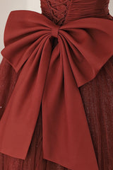 Burgundy Tulle Long A-Line Prom Dress Outfits For Girls, Cute Short Sleeve Evening Dress