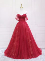 Burgundy Tulle Long Prom Dress Outfits For Girls, Burgundy Evening Dress