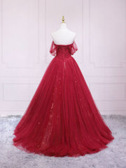 Burgundy Tulle Long Prom Dress Outfits For Girls, Burgundy Evening Dress