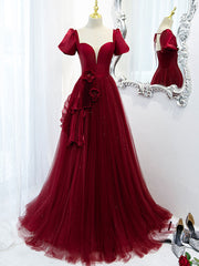 Burgundy Tulle Long Prom Dress Outfits For Girls, Burgundy Tulle Evening Dress