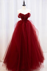 Burgundy Tulle Long Prom Dress Outfits For Women with Beaded, Burgundy Off Shoulder Evening Dress