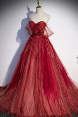 Burgundy Tulle Strapless Floor Length Prom Dress Outfits For Girls, A-Line Evening Graduation Dress