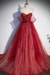 Burgundy Tulle Strapless Floor Length Prom Dress Outfits For Girls, A-Line Evening Graduation Dress