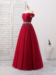 Burgundy Tulle Sweetheart Neck Long Prom Dress Outfits For Girls, Burgundy Evening Dress