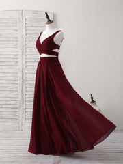 Burgundy Two Pieces Chiffon Long Prom Dress Outfits For Girls, Evening Dress