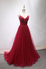 Burgundy V-Neck Tulle Long Prom Dress Outfits For Girls, A-Line Backless Evening Party Dress