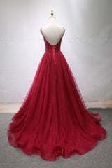 Burgundy V-Neck Tulle Long Prom Dress Outfits For Girls, A-Line Backless Evening Party Dress