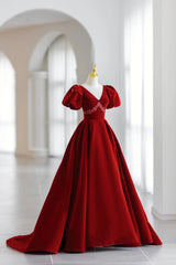 Burgundy V-Neck Velvet Long Formal Dress Outfits For Girls, A-Line Short Sleeve Evening Dress
