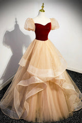 Burgundy Velvet Glitter Cascading Ruffles Prom Dress Outfits For Girls, Champagne Tulle Floor Length Evening Dress