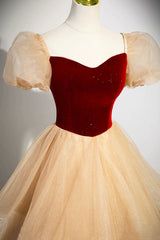 Burgundy Velvet Glitter Cascading Ruffles Prom Dress Outfits For Girls, Champagne Tulle Floor Length Evening Dress