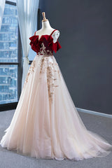 Burgundy Velvet Lace Long Prom Dress Outfits For Girls, A-Line Off Shoulder Evening Dress