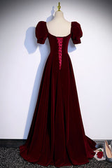 Burgundy Velvet Long A-Line Prom Dress Outfits For Girls, Simple Short Sleeve Party Dress