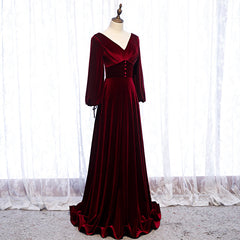 Burgundy Velvet Long Sleeves A-line Prom Dress Outfits For Girls, Long Simple Bridesmaid Dresses