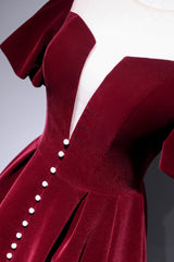 Burgundy Velvet Short Prom Dress Outfits For Girls, Cute A-Line Party Dress