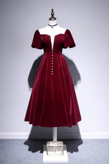 Burgundy Velvet Short Prom Dress Outfits For Girls, Cute A-Line Party Dress
