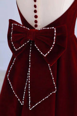 Burgundy Velvet Tea Length Prom Dress Outfits For Girls, A-Line Party Dress Outfits For Women with Bow
