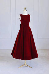 Burgundy Velvet Tea Length Prom Dress Outfits For Girls, A-Line Party Dress Outfits For Women with Bow