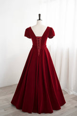 Burgundy Velvet Velvet Long Prom Dress Outfits For Girls, Cute Short Sleeve Party Dress