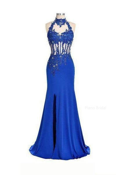 2024 Blue Mermaid/Trumpet Halter Sleeveless Natural Stretch Satin Prom Dresses