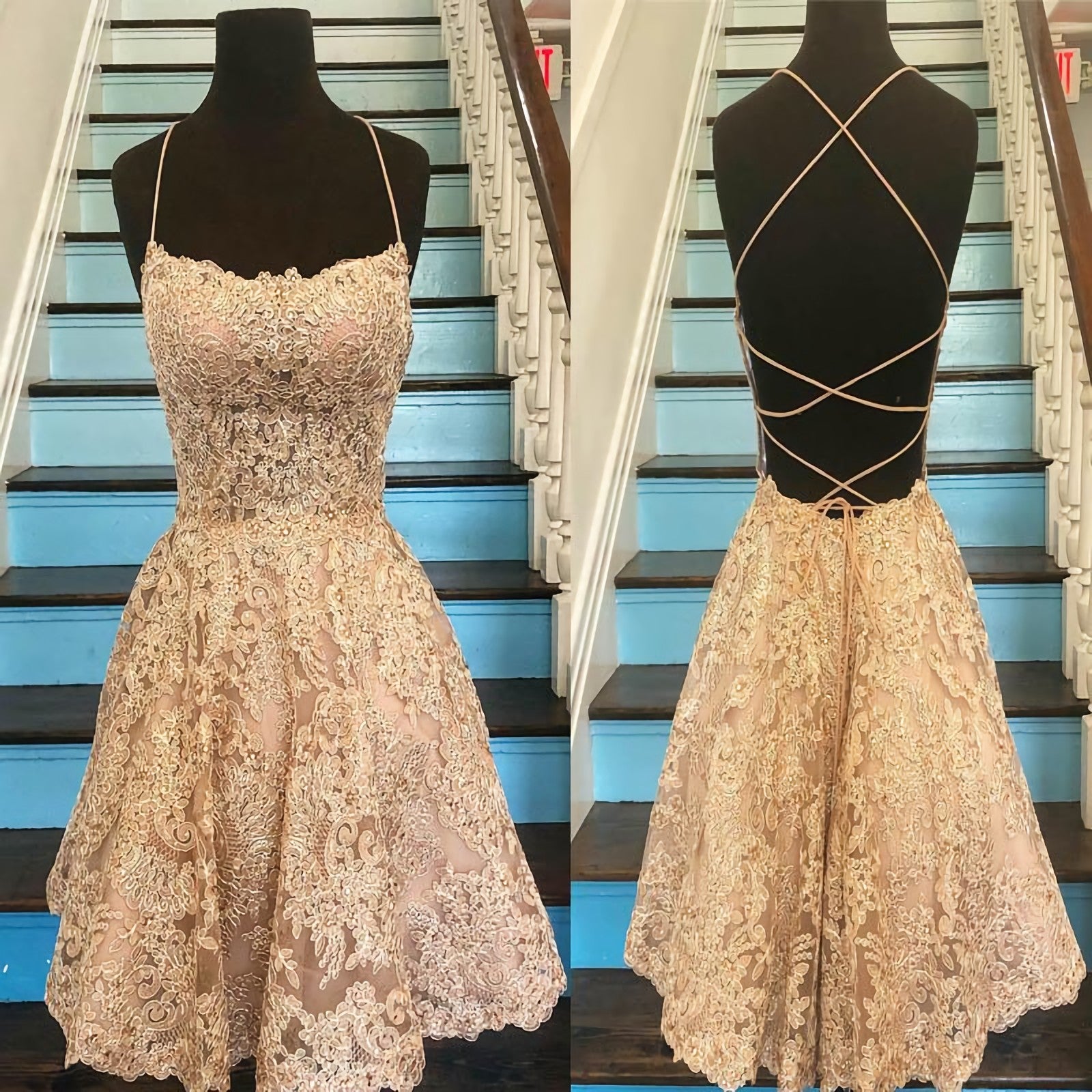 Unique Spaghetti Straps Crisscross Back A Line Short Homecoming Dresses Gold Lace Homecoming Dresses