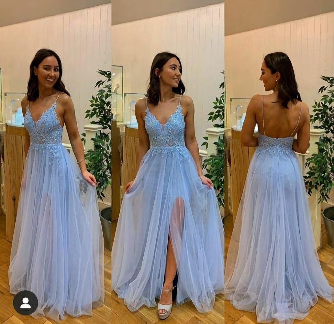 Charming Sexy Spaghetti Straps Evening Party Dress Blue Appliques Long Prom Dress