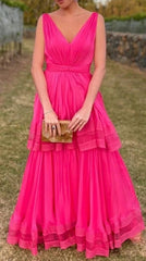 Hot Pink V-Neck A-Line Chiffon Two Layers Evening Dresses Long Prom Dresses
