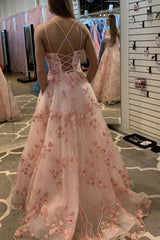 Pink Tulle Floral Long Prom Dresses A Line Graduation Gown With Pockets Formal Dress