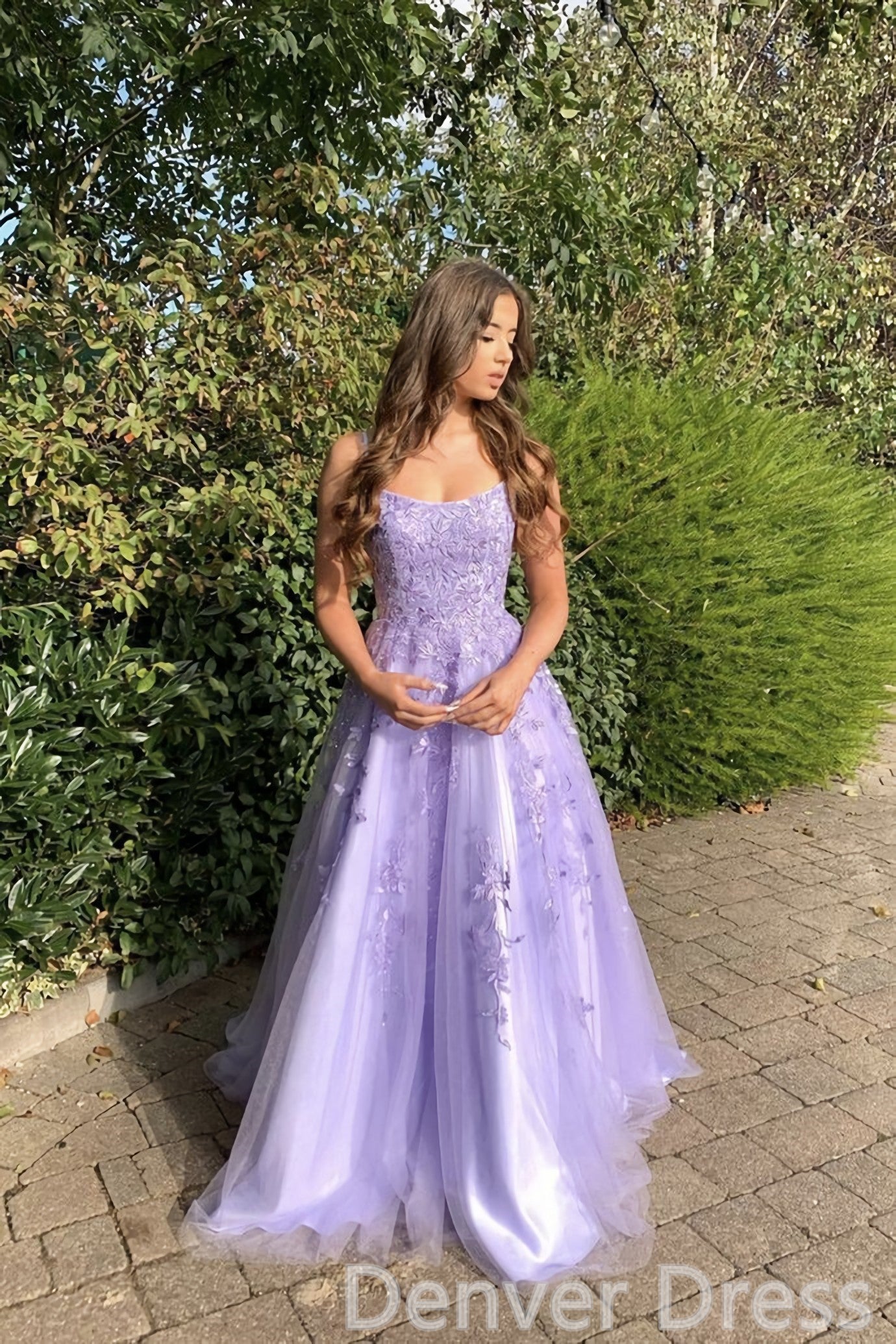 Purple Lace Spaghetti Straps A Line Appliques Evening Dresses Long Prom Dresses