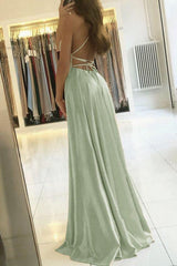 Simple A Line Sage Green Long Prom Dress With Slit Spaghetti Straps Evening Party Dress