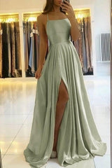 Enkel en linje Sage Green Long Prom -kjole med spalte spaghetti stropper Evening Party Dress