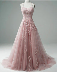 Lace Applique A Line Elegant Spaghetti Straps Senior Prom Gowns