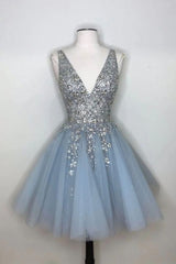 Blue V Neck Tulle Sequin Short Dress, Blue Homecoming Dress