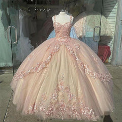 Pink Sparkly Quinceanera Prom Dresses Lace Flower Sweet 16 Tulle Party Ball Gown