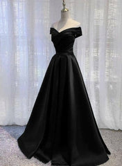 Off Shoulder Black Satin A Line Party Dress, Formal Dress, Long Black Prom Dress