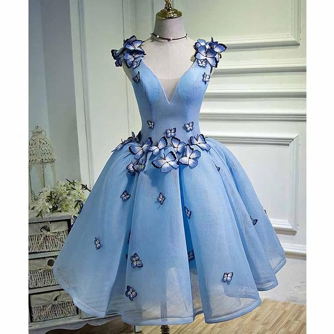 Sky Blue Butterfly Short Homecoming Dress, Party Dresses
