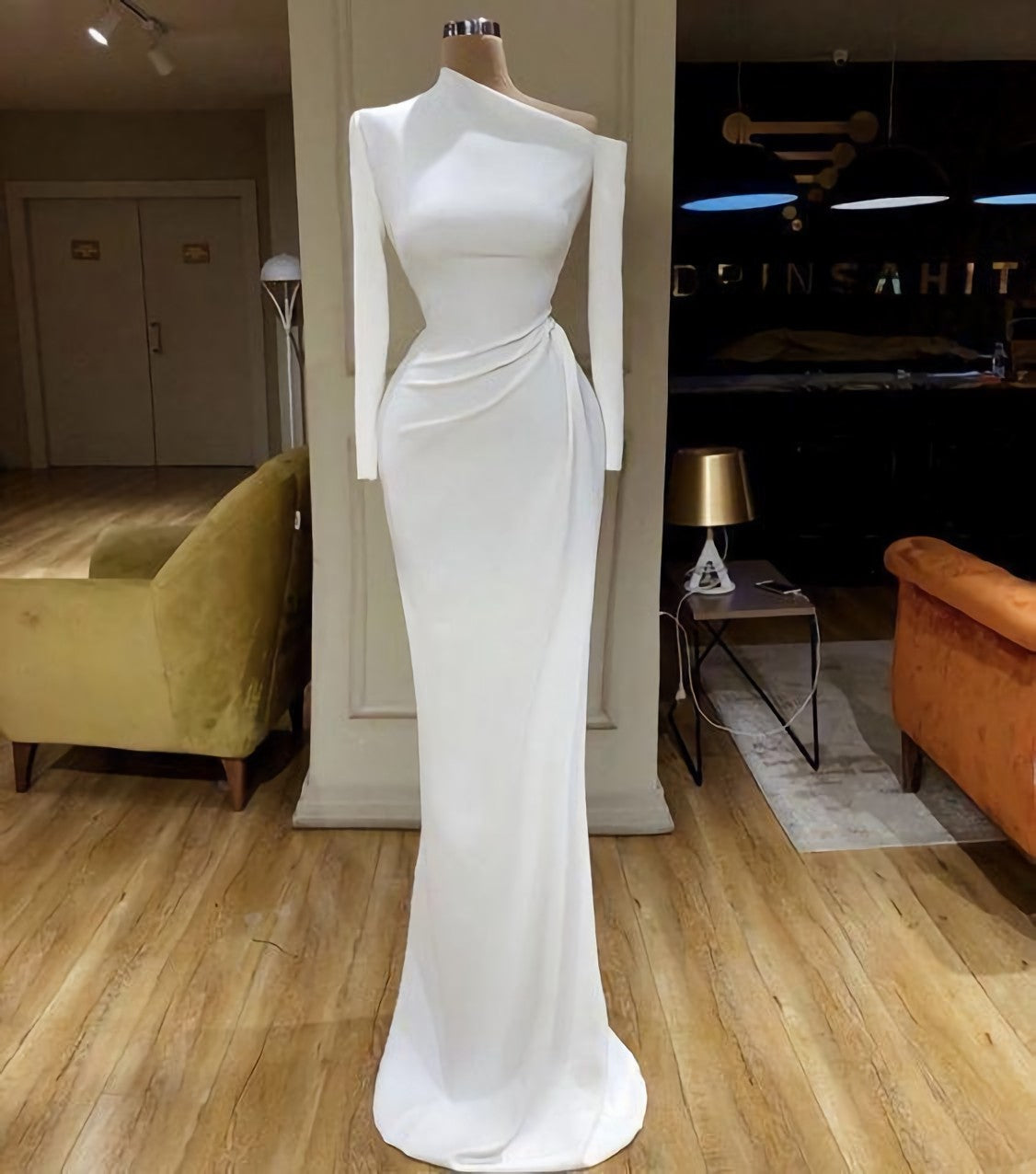White Evening Dresses, Long Sleeve Modest Simple Mermaid Elegant Formal Prom Dresses