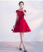 Champagne A Line Tulle Lace Short Prom Dress, Champagne Evening Dress