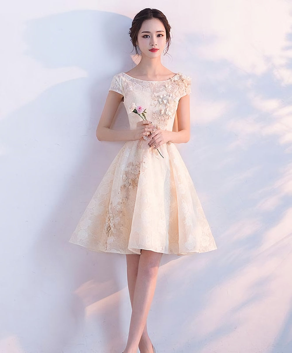 Champagne A Line Tulle Lace Short Prom Dress, Champagne Evening Dress