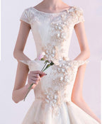 Champagne A Line Tulle Lace Short Prom Dress, Champagne Evening Dress