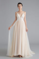 Champagne A-line Prom Dresses with Lace Top