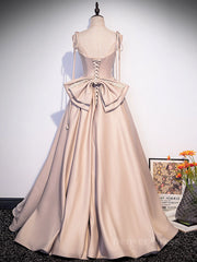 Champagne A-Line Satin Long Prom Dress, Champagne Formal Evening Dress