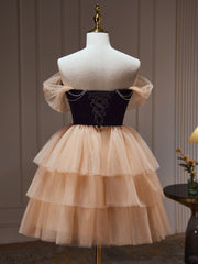 Champagne and Black Sweetheart Short Formal Dress Outfits For Girls, Tulle Homecoming Dress