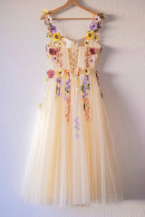 Champagne Corset Floral Tulle Short Prom Dress Outfits For Girls, Cute Champagne Homecoming Dress