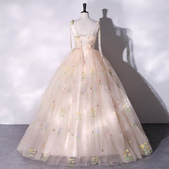 Champagne Floral Tulle Straps Sweetheart Long Party Dress Outfits For Girls, Ball Gown Sweet 16 Dresses