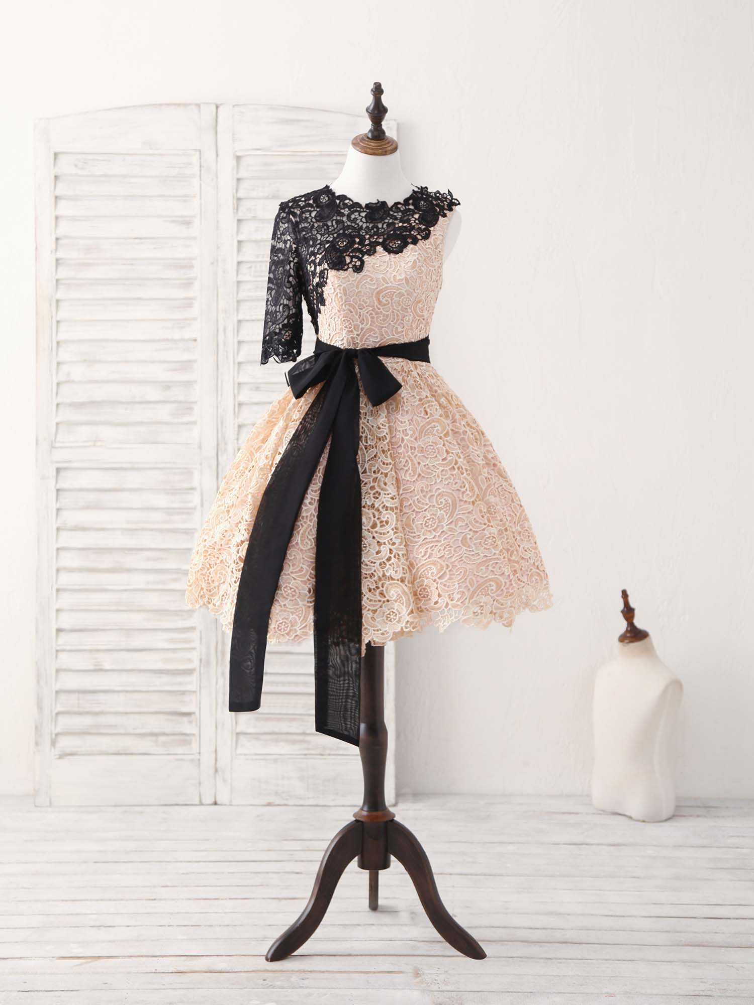 Champagne Lace Short Prom Dress Outfits For Girls, Champagne Homecoming Dress