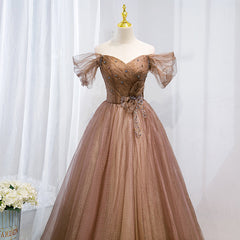 Champagne Off Shoulder Beaded A-line Tulle Long Party Dress Outfits For Girls, Long Evening Gown
