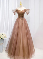 Champagne Off Shoulder Beaded A-line Tulle Long Party Dress Outfits For Girls, Long Evening Gown
